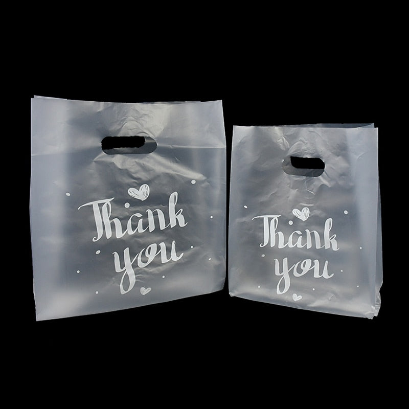 100pcs Thank You Patterned Gift Bag With Plastic Handle, Plastic Gift Bag