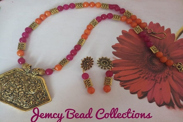 Orange and Pink Agate Bead with Antique Pendant