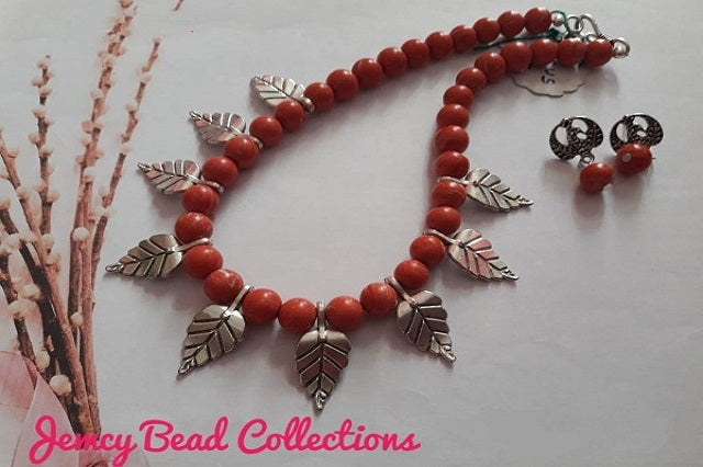 Brick Red Synthetic Bead with Silver Leaf Neckwear