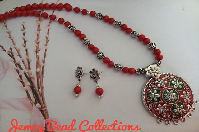 Orangish Red Bead with Enamel Pendant